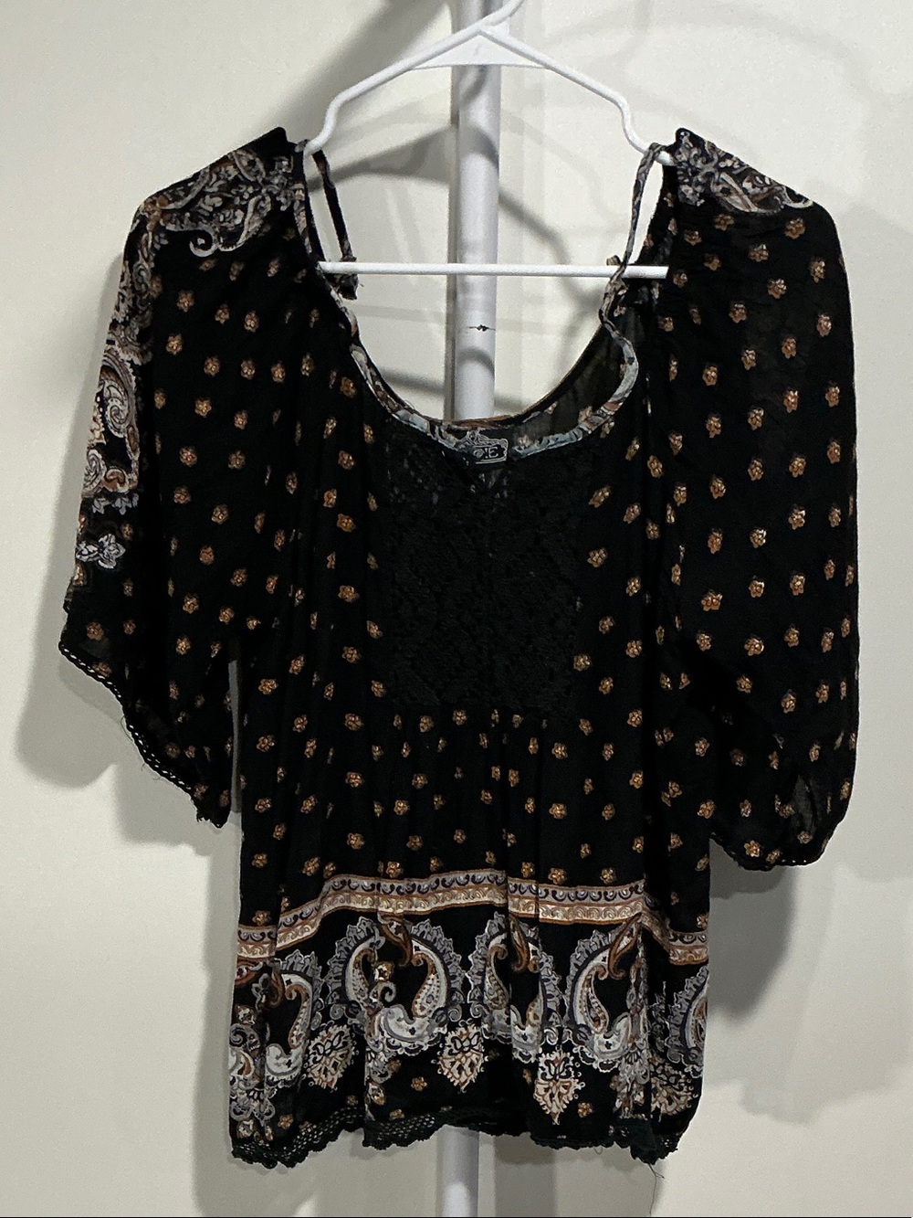 Angie Black Paisley Mixed-Print Lace-Front Boho Top